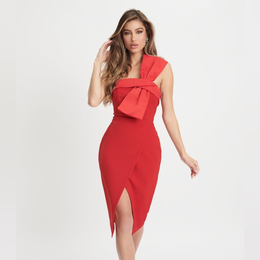 Lavish Alice Emily Bandeau Bow Detail Wrap Midi Dress